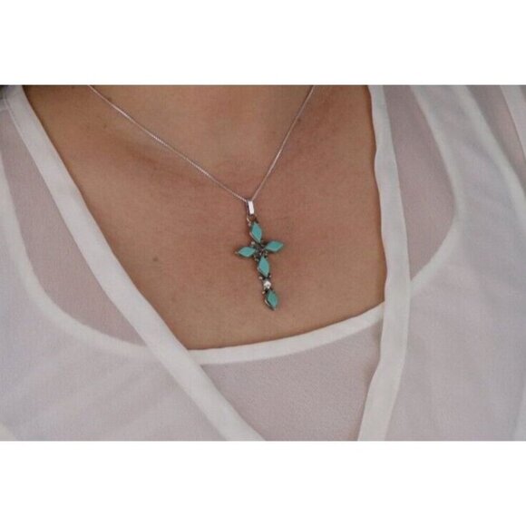 Pendant Only Sterling Silver Turquoise Cross Pendant 2" x 7/8" - Picture 2 of 6
